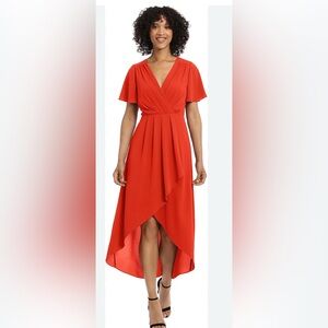 🔴 Maggy London Vibrant Red Crepe V-Neck Faux Wrap High-Low Midi Dress  – Sz 16